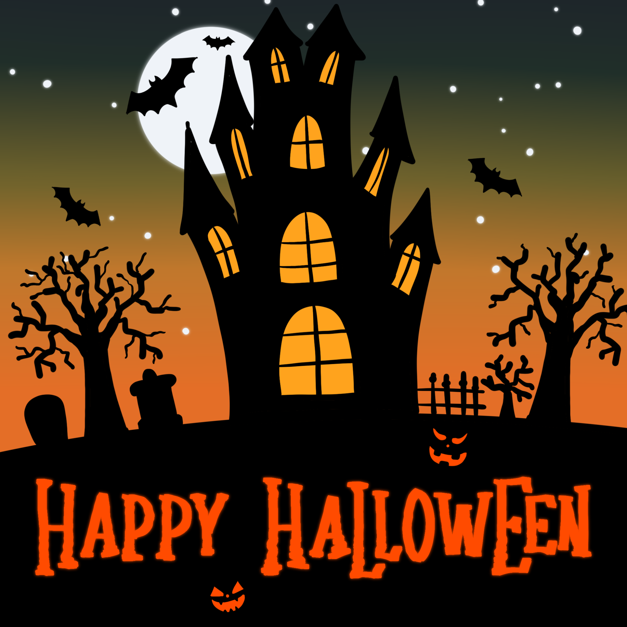 Halloween Grafik Auf dem Bild ist ein grusliges Haus zu sehen.